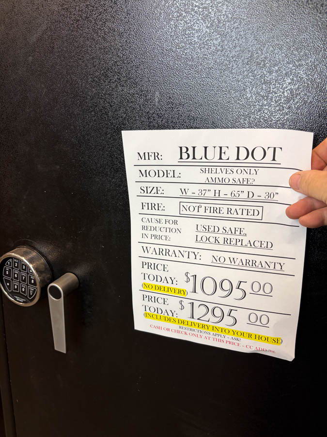 BLUE DOT gun safe exterior with sale price tag on door - SES spring cleaning sale