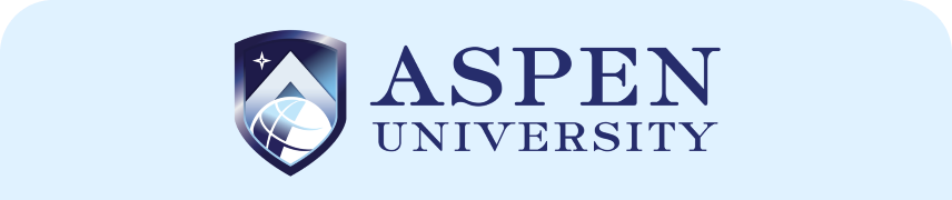 Aspen University logo with text in blue and a shield design.