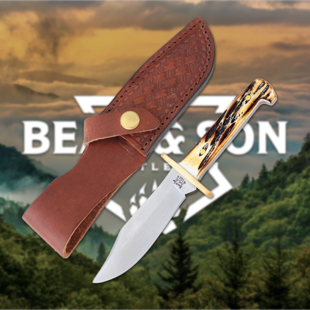 Knife with leather sheath against a nature background with brand logo.