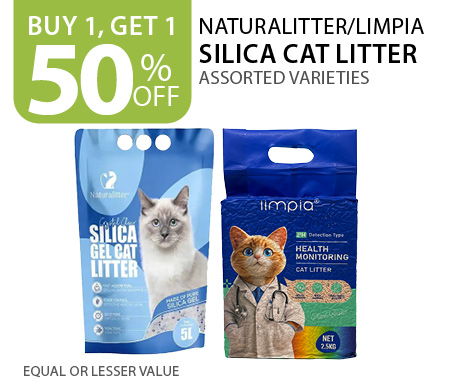 Buy 1, get 1 50% off Natural Litter/Limpia Silica Cat Litter. Equal or lesser valu