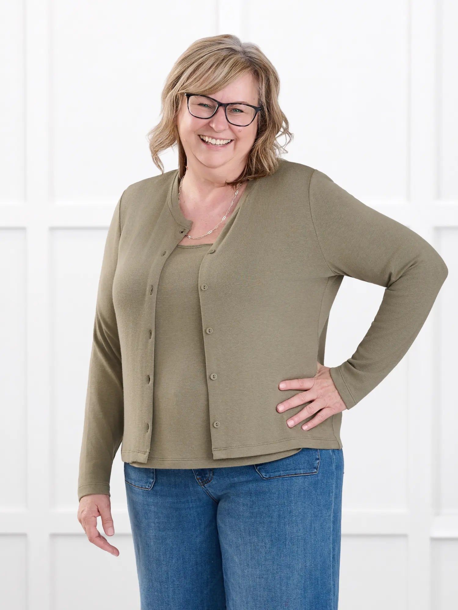 Maribel crewneck sweater knit cardigan for women in Thyme on model Deb, size XL @Deb-XL #en:color_thyme,fr:couleur_thyme