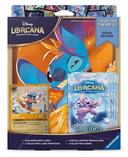 Disney Lorcana winterspell card game starter set featuring Stitch and collectible cards.