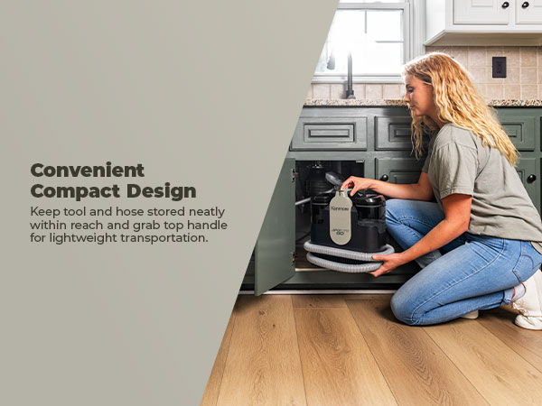 A woman stores Spotlite GO under a kitchen cabinet. Text about convenient compact design.