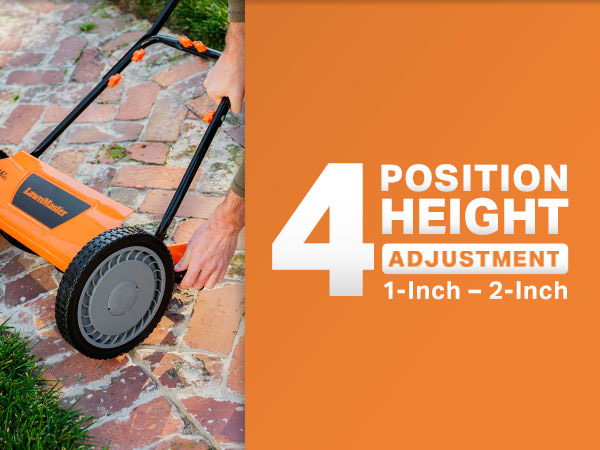 Lawn mower with four height adjustment options, 1-inch to 2-inch.