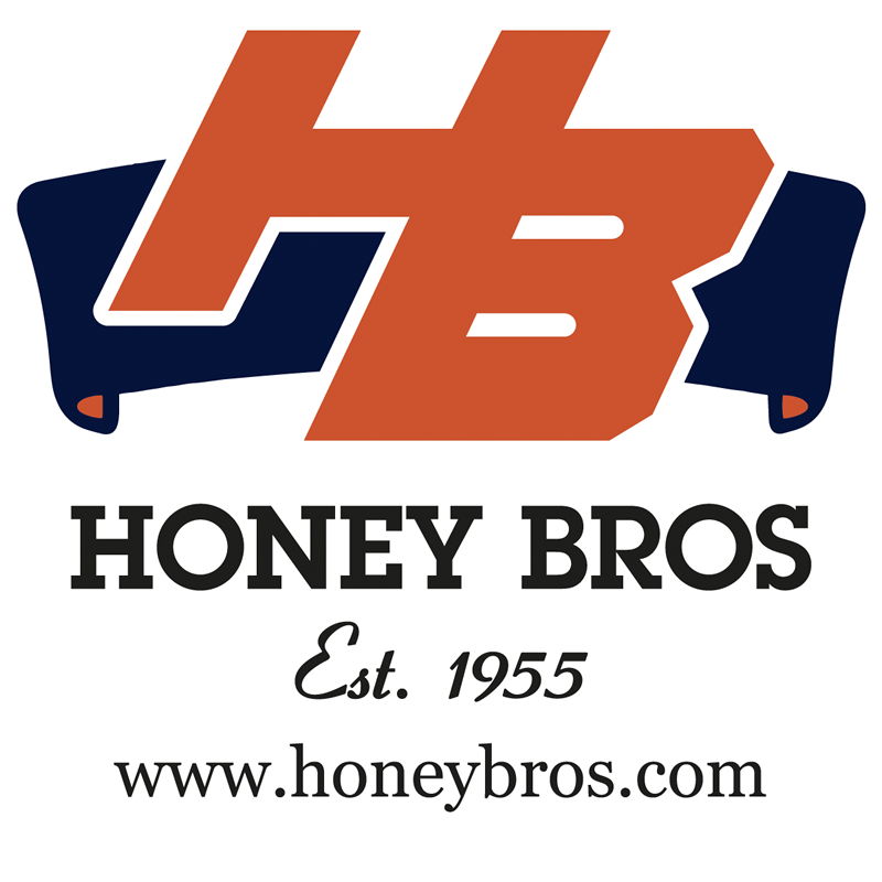 Honey Bros logo with establishment year 1955 and website information.