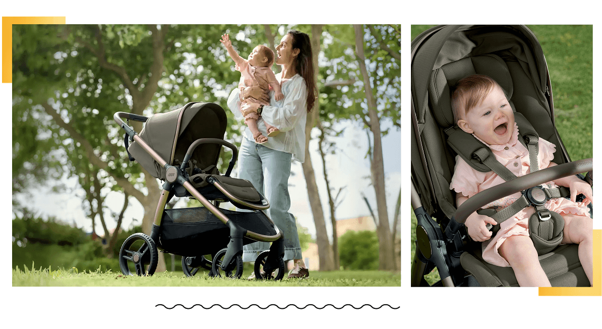 Mother holding baby next to Ocarro 2 stroller; happy baby sitting in stroller.