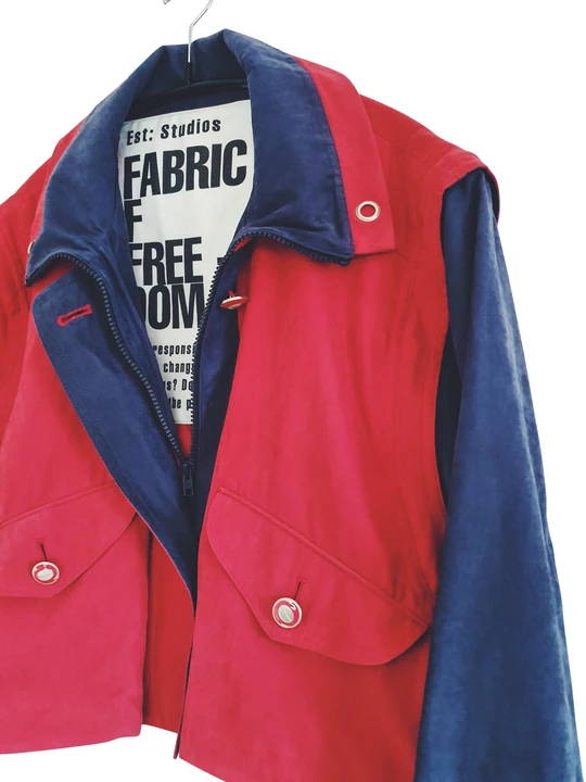 Upcycled red and blue bomber jacket Fanfare