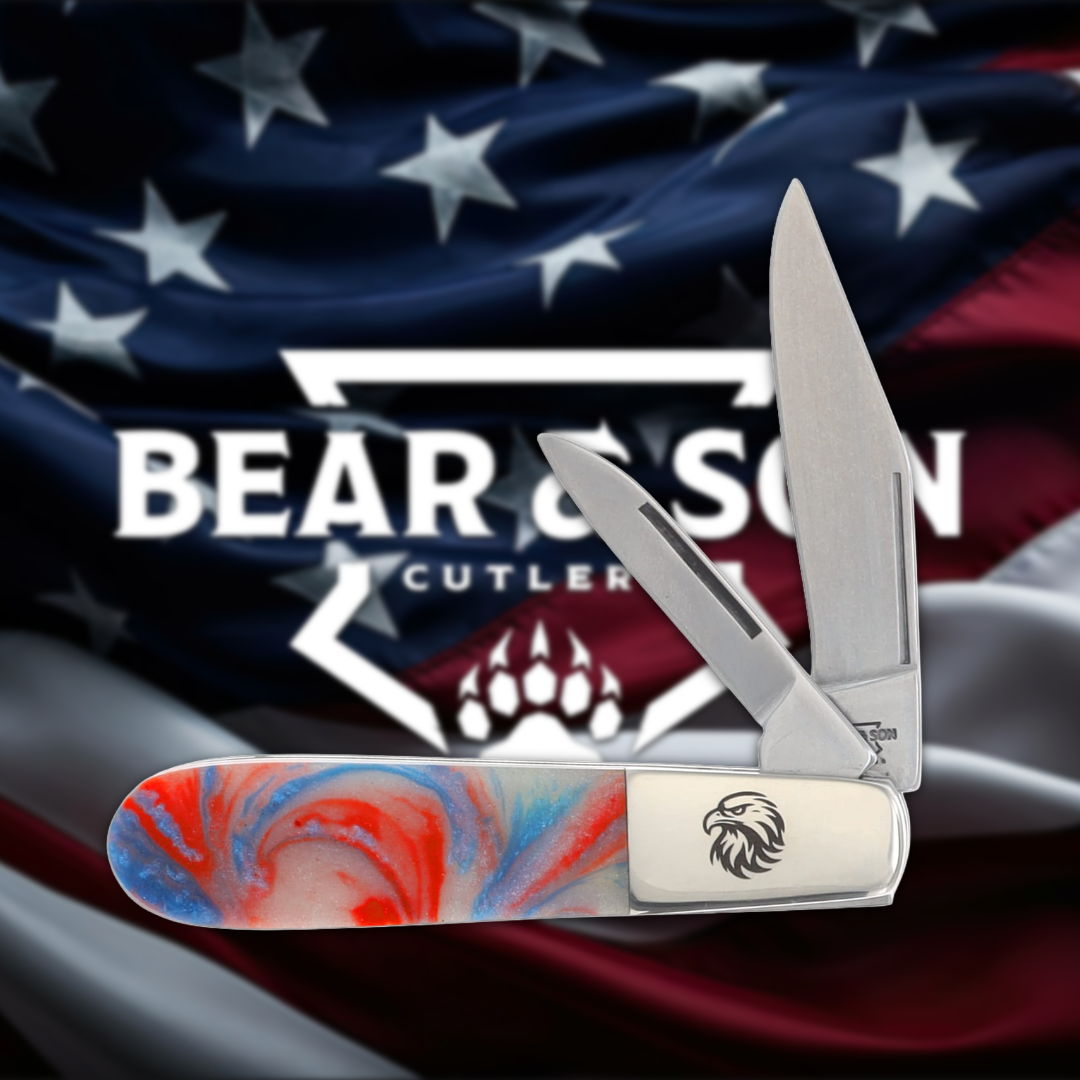 Knife on a background of the American flag with brand logo.