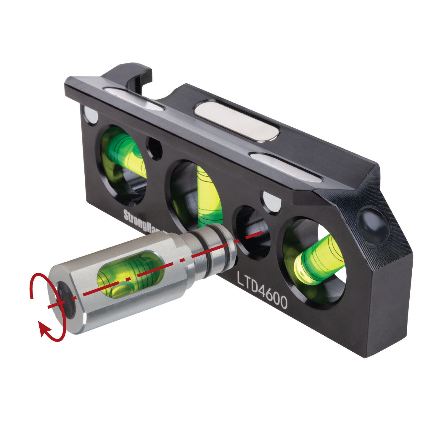 Leveling tool with multiple vials and a laser sight attachment.