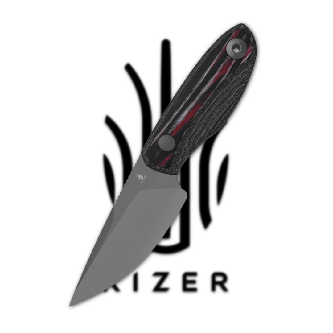 Black folding knife with a patterned handle and Kizer logo in the background.