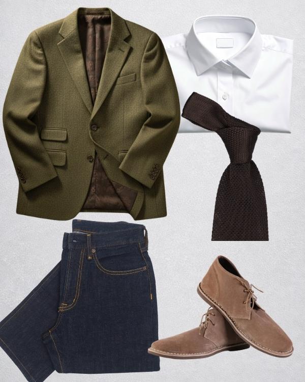 Example flat lay of a men's small casual fall outfit with a sport coat, dark denim and knit tie