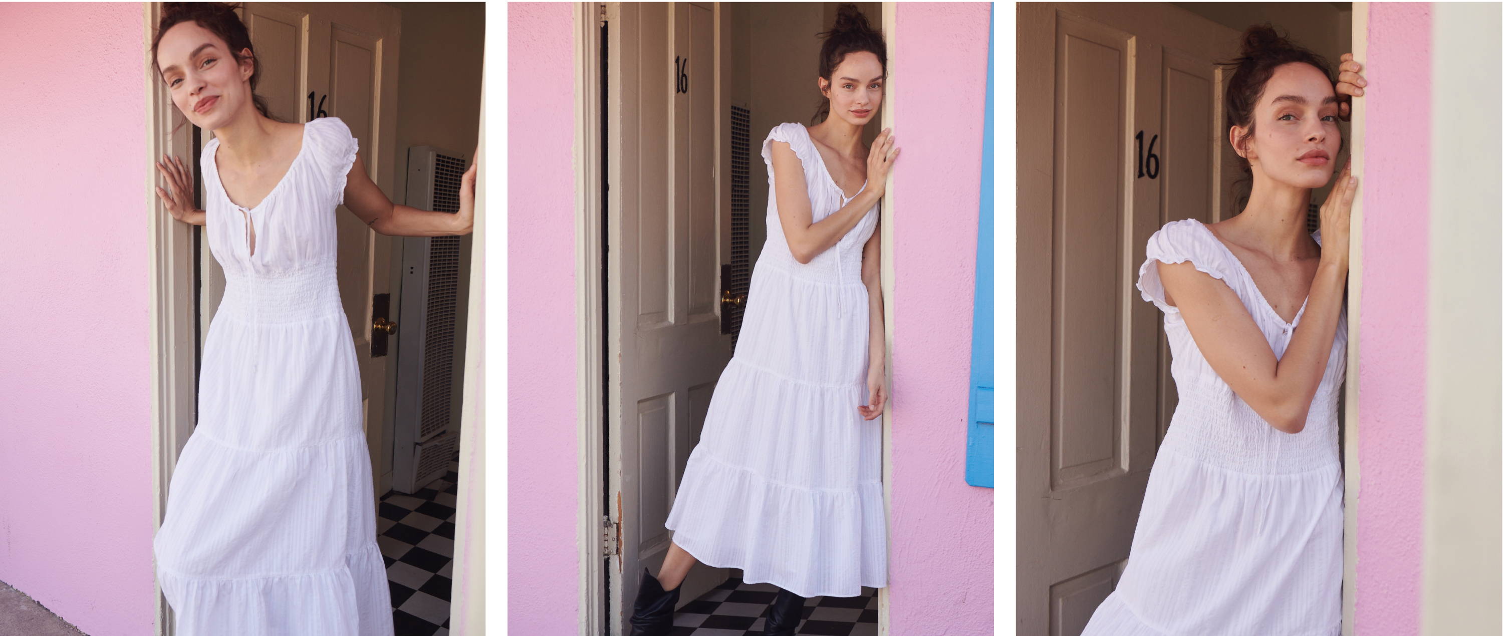 Model in doorway wearing Daria dress