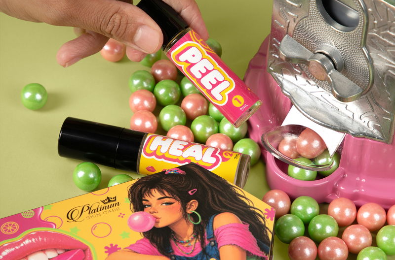 Colorful bubble gum products and a girl chewing gum on a playful background.