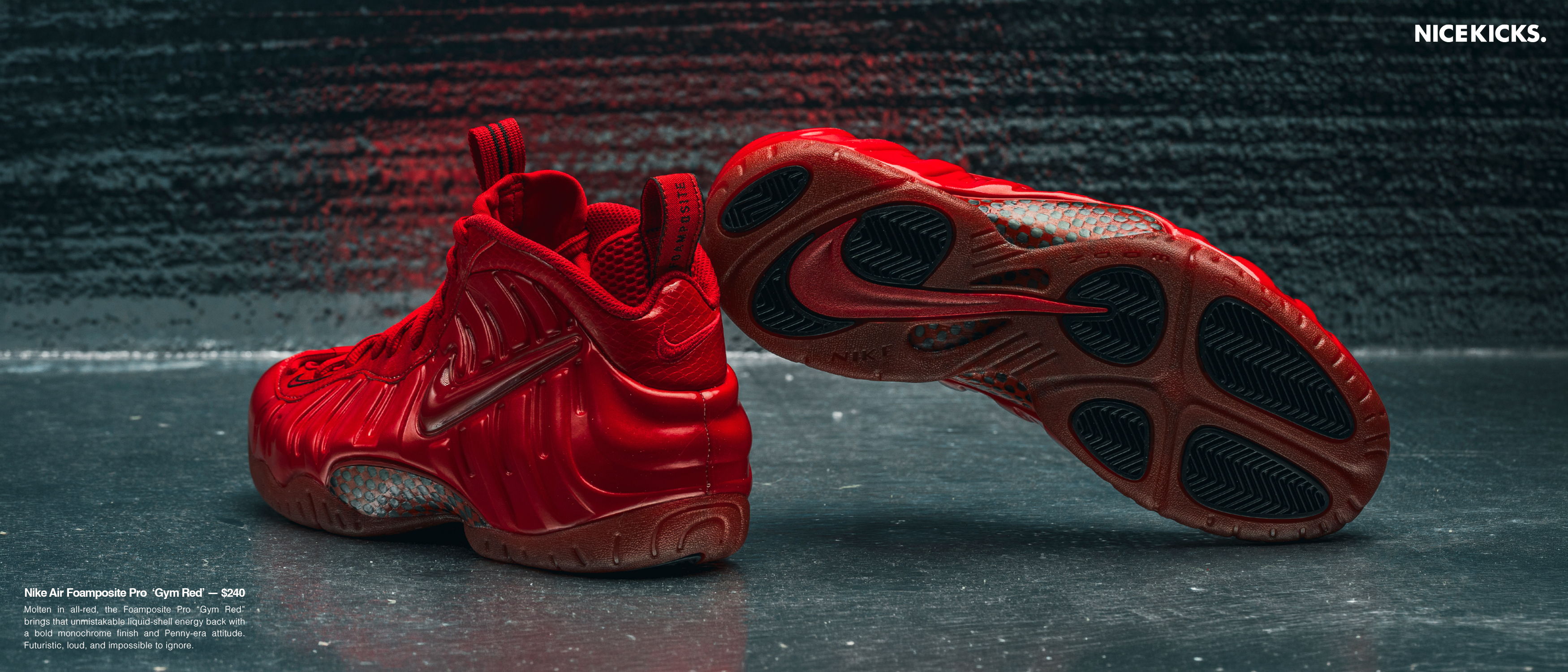 Red athletic shoes displayed from different angles on a textured surface.