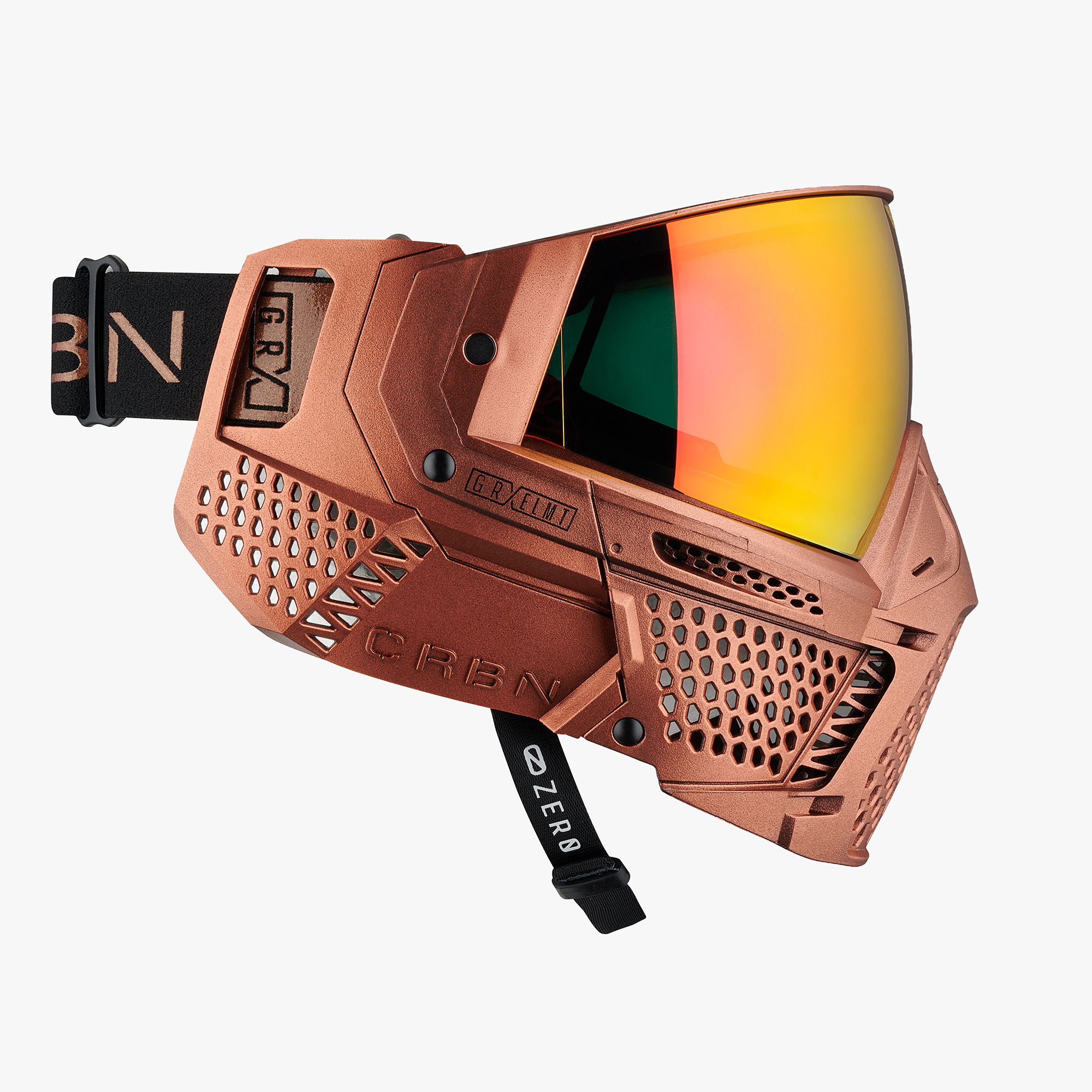 Paintball goggle with a reflective lens and ventilation design.
