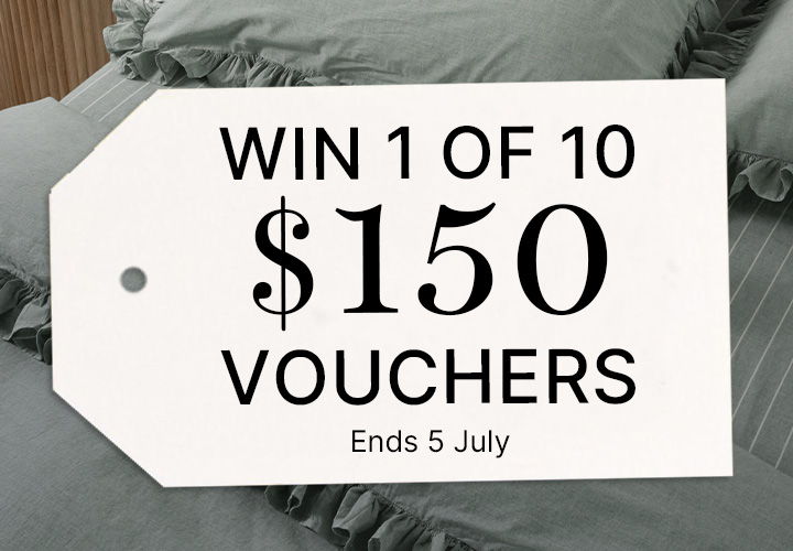 White tag announcing a contest for $150 vouchers, ending July 5.