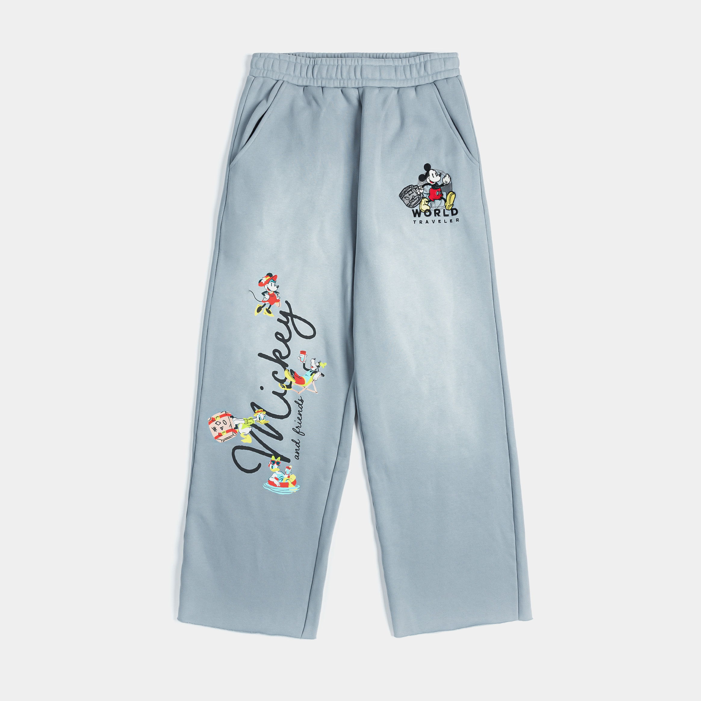 Light blue pants with floral designs and embroidered details.
