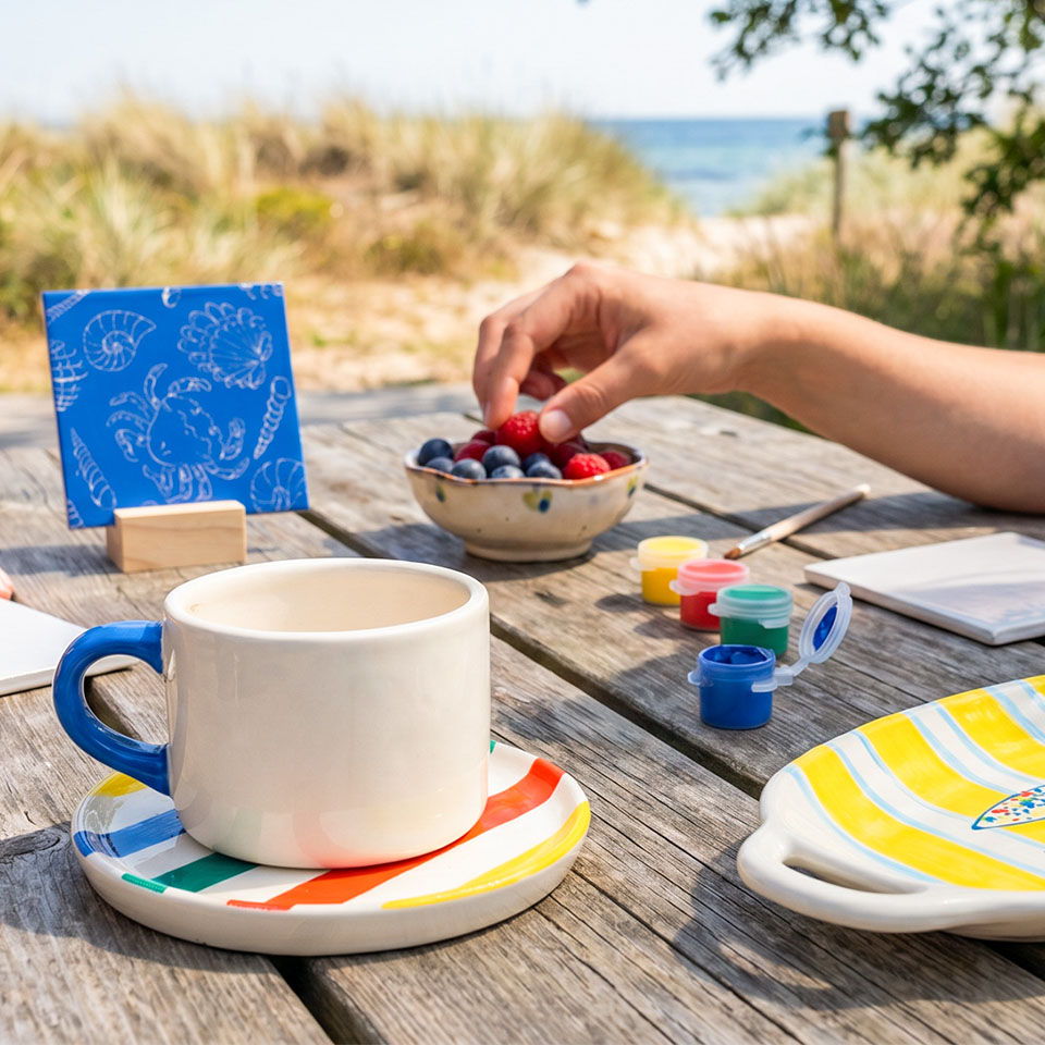A hand reaching for berries beside a coffee cup and art supplies outdoors.