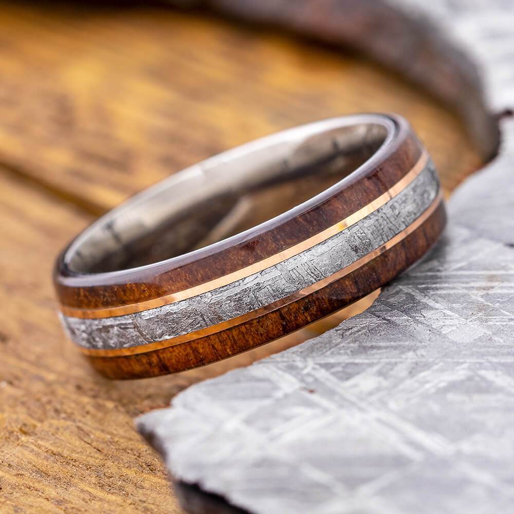 Wood & Meteorite Ring With Gold Pinstripes