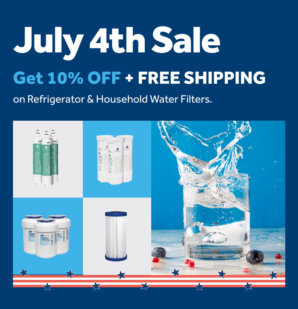 July 4th Sale on Refrigerator & Household Water Filters with discounts and free shipping.
