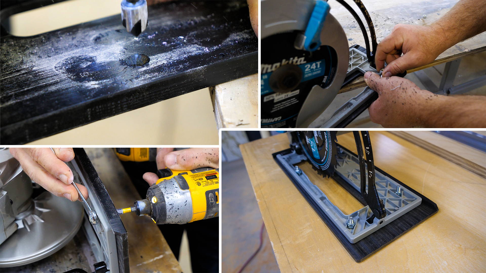 Step #4: Secure base to saw. Slide base into guide, position circular saw, mark and drill holes through the base and saw.