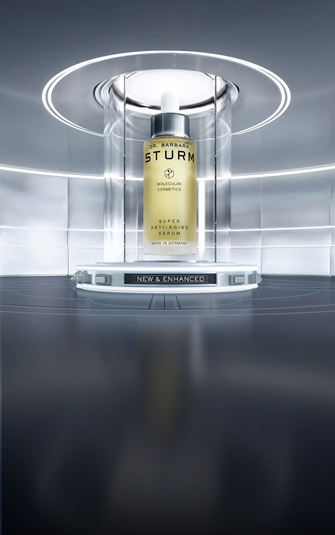 A luxurious skincare bottle displayed in a futuristic glass case.