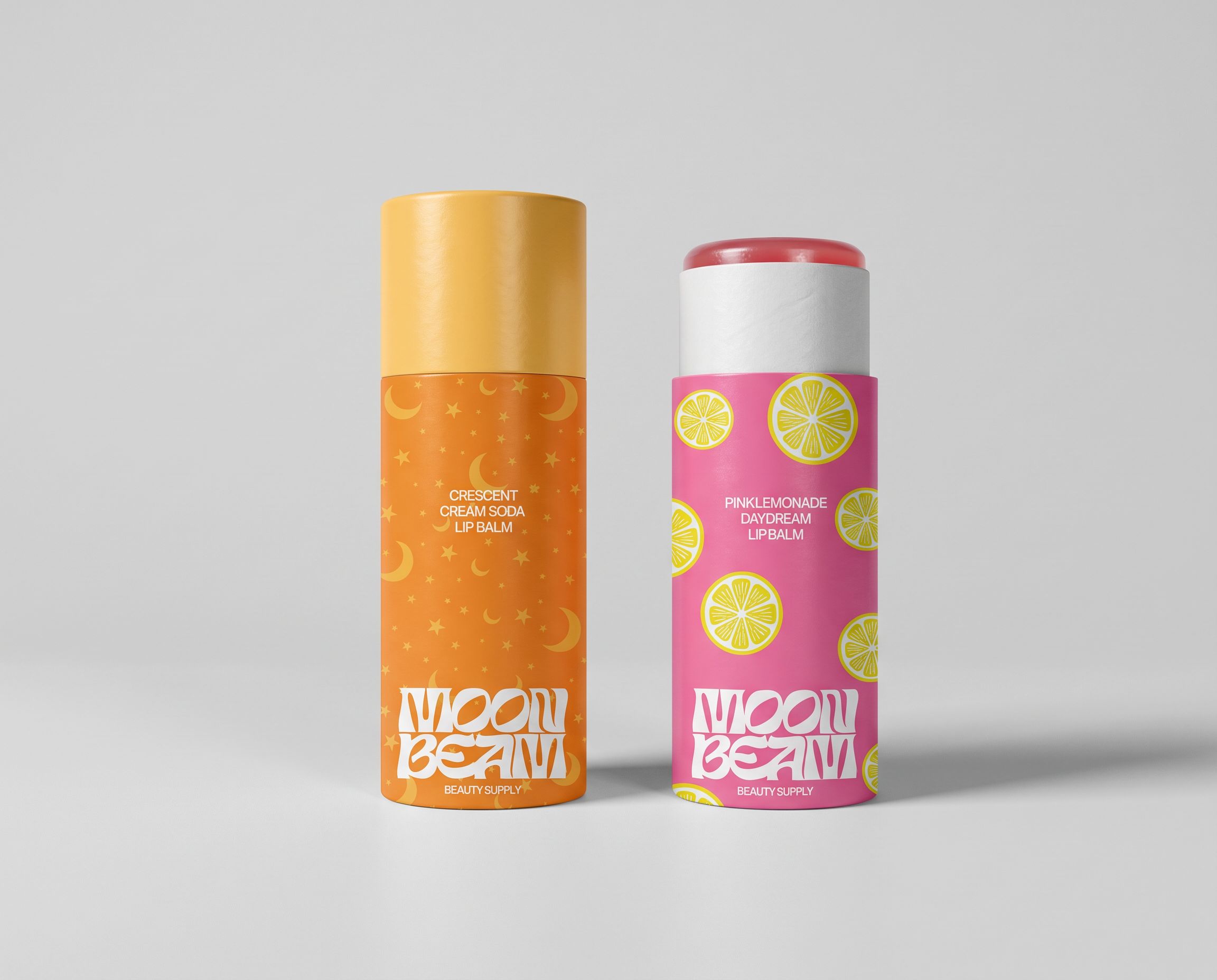 Two colorful paper tube containers with distinct designs and logos.