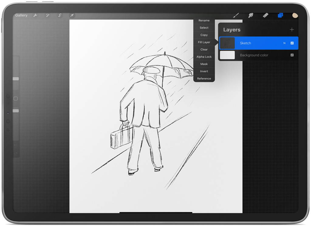 Rough sketch of man walking with umbrella illustration in Procreate on an iPad