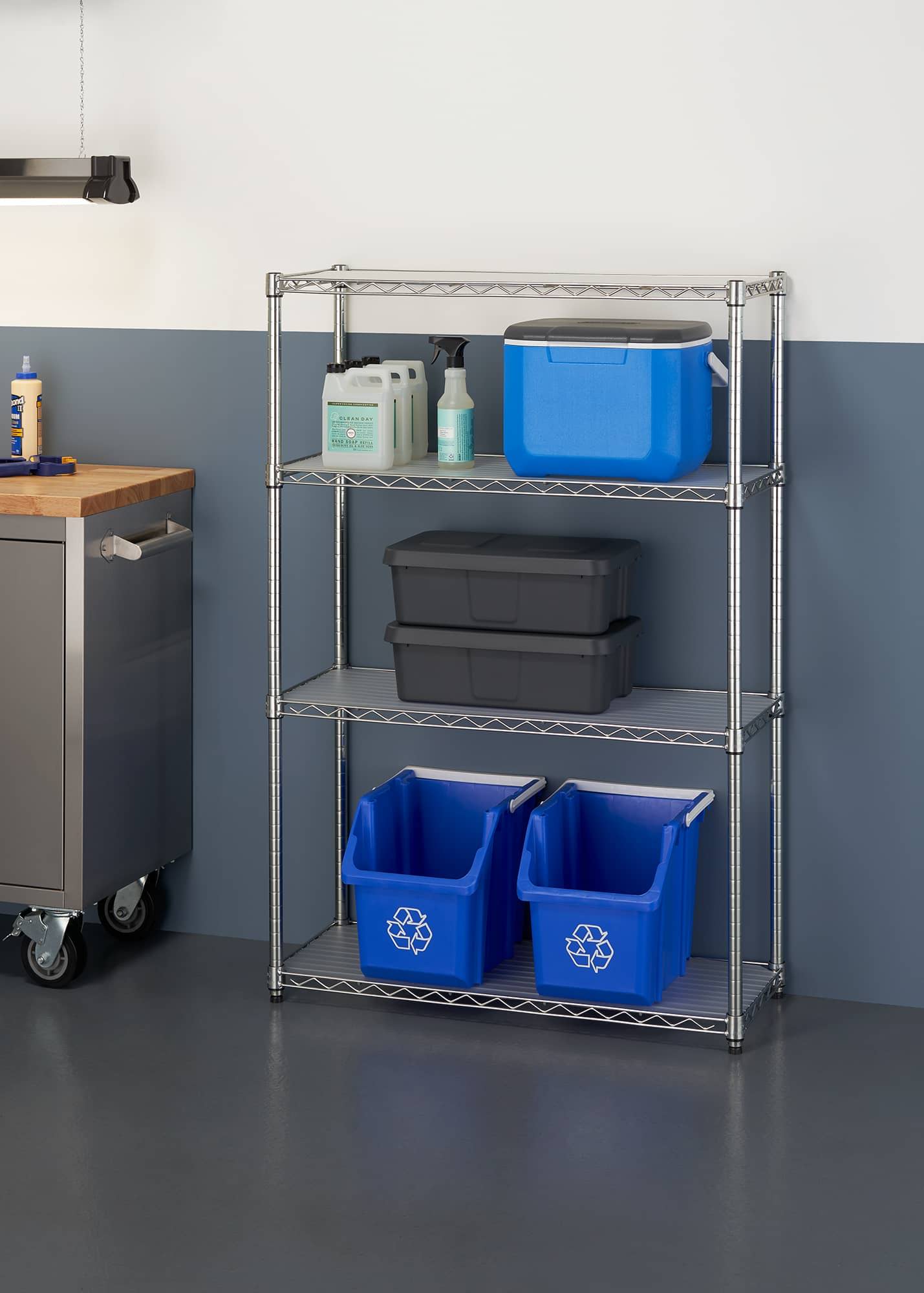 medium size chrome wire shelving rack in a garage