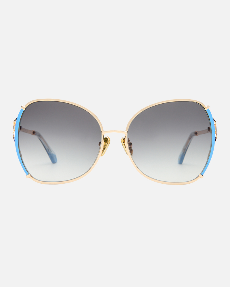 Stylish oversized sunglasses with gradient lenses and colorful accents.