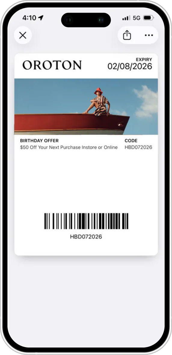 Birthday offer coupon for Oroton with expiration date and barcode.