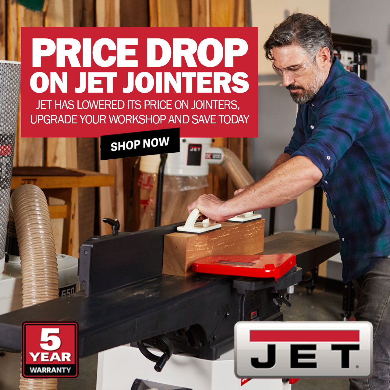 Man using a jointer in a workshop with promotional text about price drop.