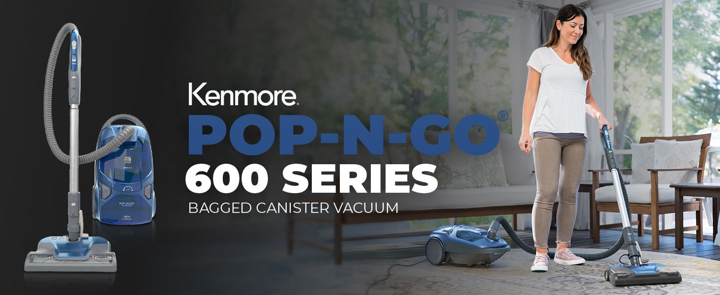 Woman using Kenmore Pop-N-Go 600 Series vacuum in a home setting.