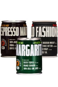 Three cans of pre-mixed cocktails: Espresso Martini, Old Fashioned, and Margarita.