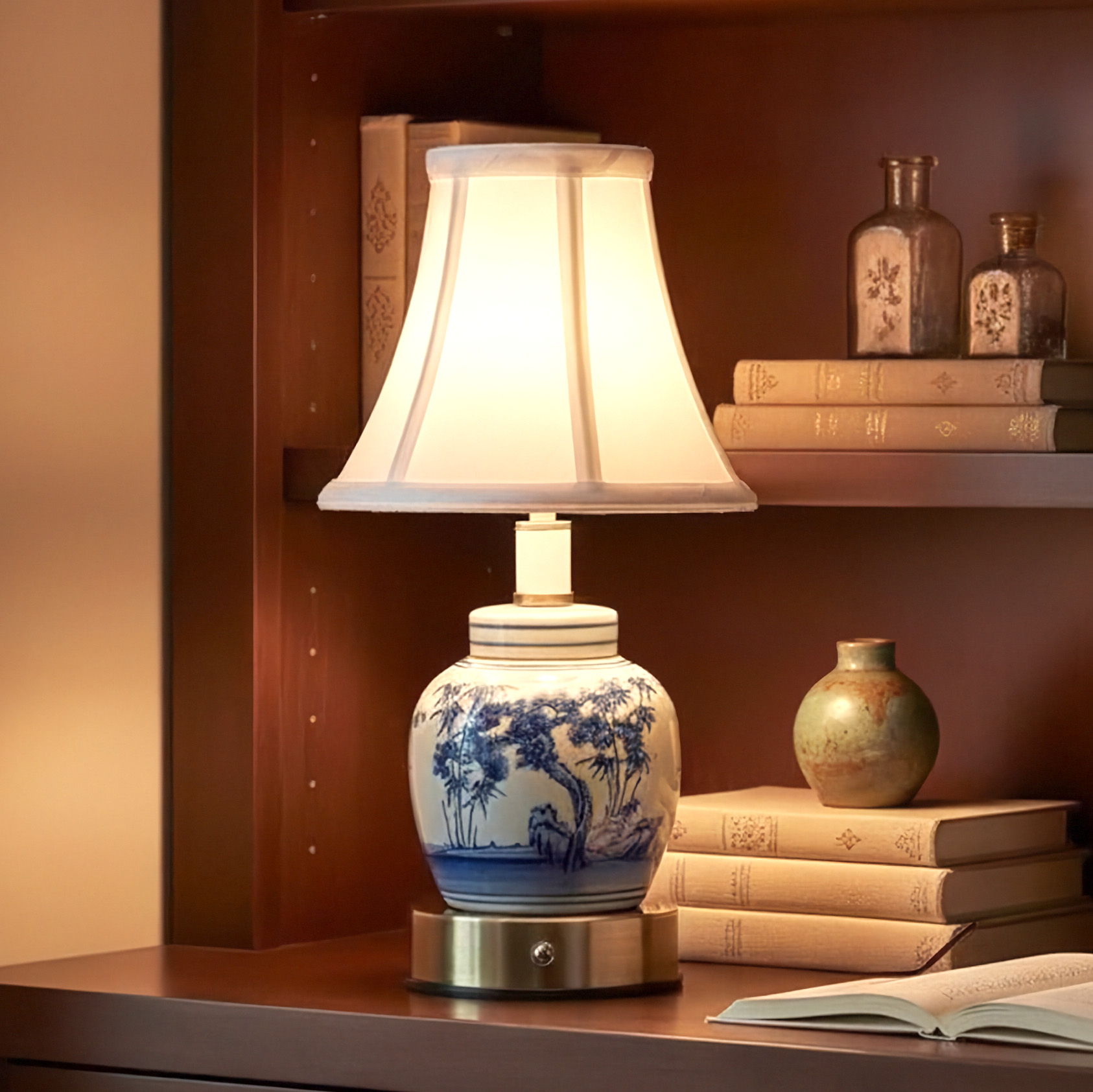 Blue and White Porcelain Rechargeable Cordless Touch Lamp