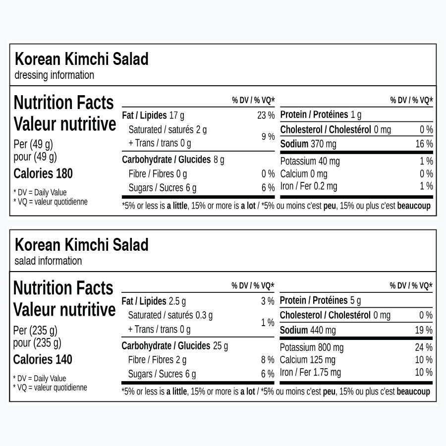 Nutrition facts for Korean Kimchi Salad, including calories and nutrient details.