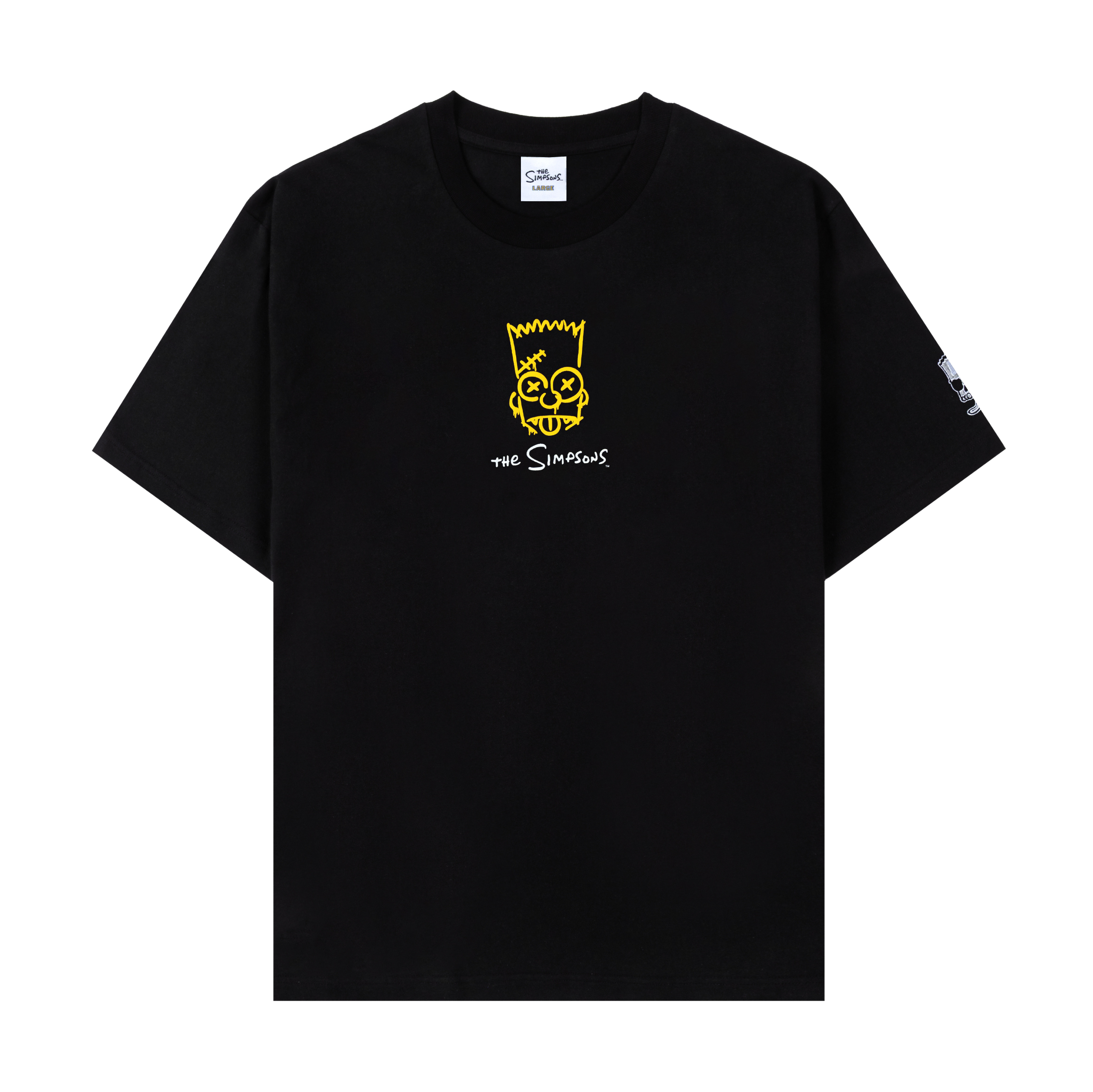 Black t-shirt with yellow graphic design and text on the front.