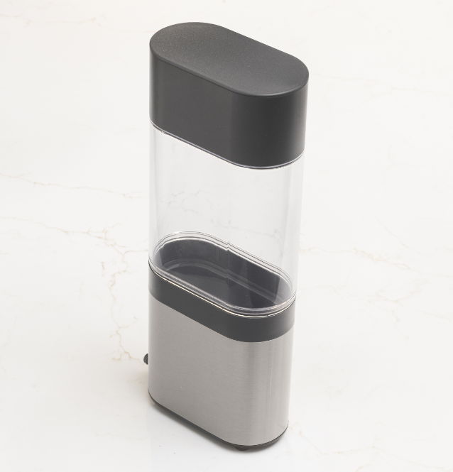 A sleek, modern container with a transparent body and dark top.