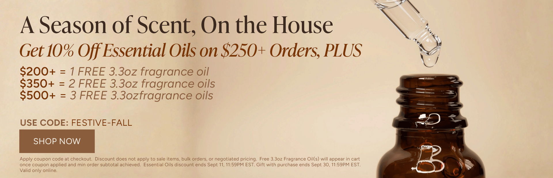 A Season of Scent promotion with essential oil bottle and discount details.