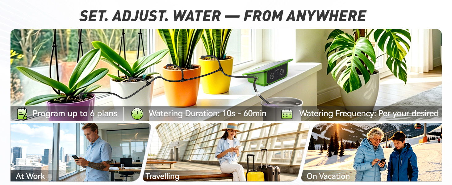 Image shows plants, watering system, and people interacting with technology indoors.