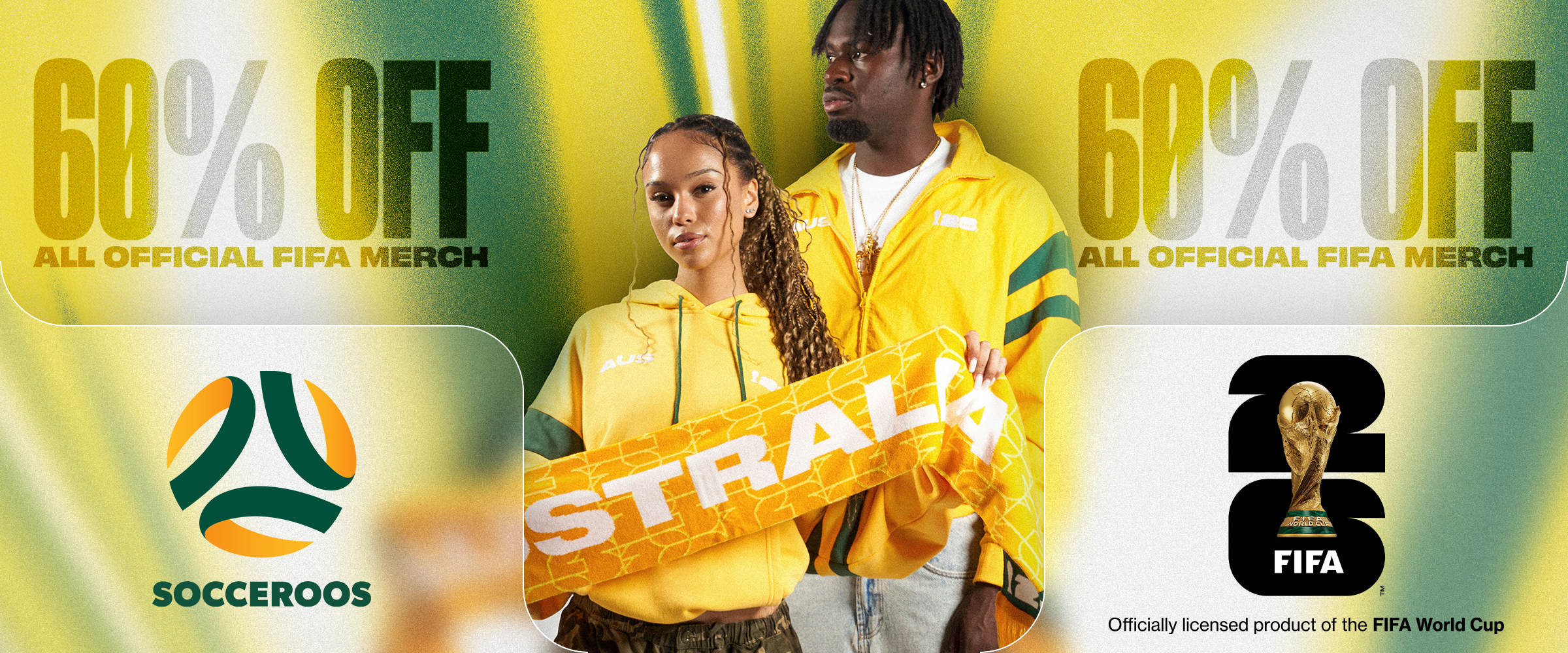 Promotional image featuring discount, soccer gear, and two individuals wearing yellow apparel.