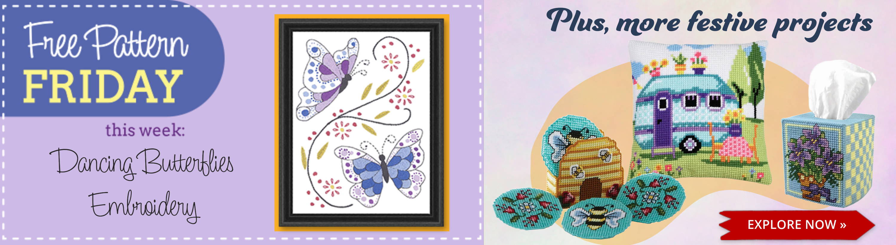 Free Pattern Friday! Dancing Butterflies Embroidery. Image: Embroidery and featured festive projects.