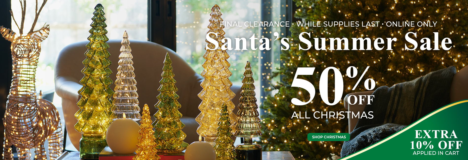 Santa's Summer Sale, 50% off all Christmas items, festive decorations displayed.