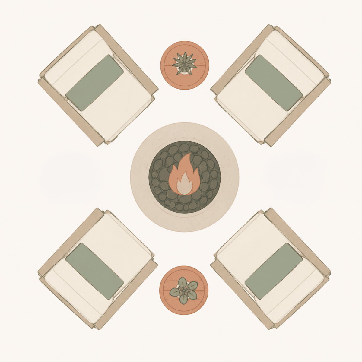 Illustrated fire pit seating arrangement with four lounge chairs around a round fire pit.