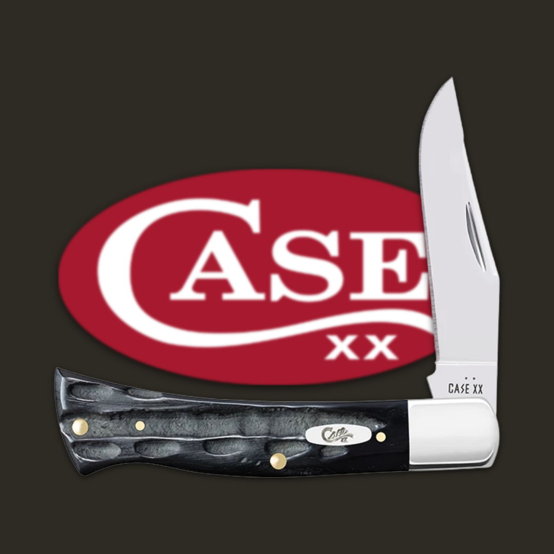 A folding knife with a black handle and shiny blade, next to a logo.