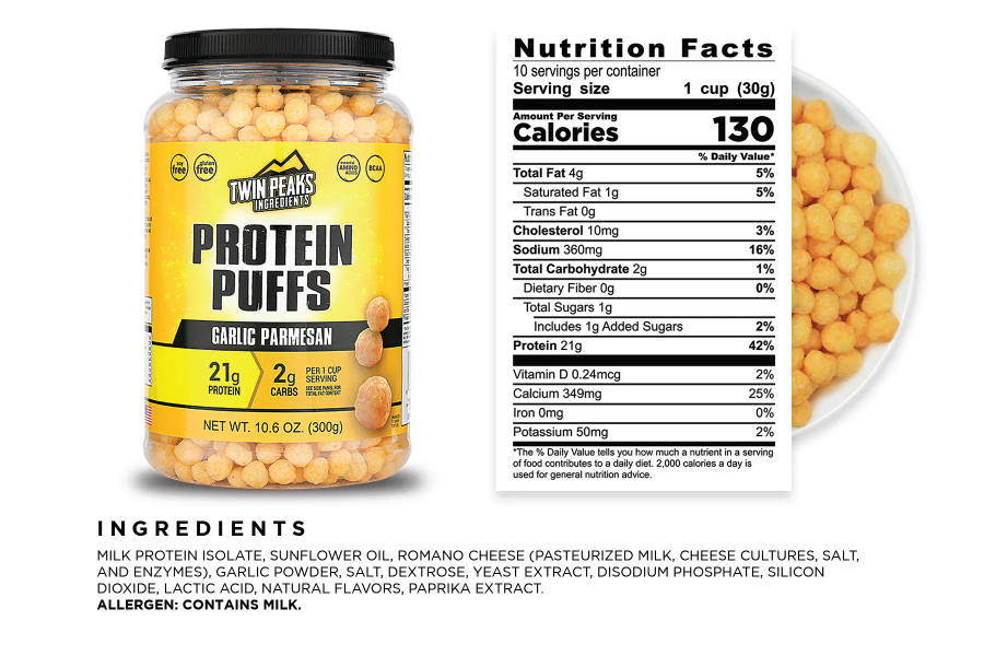 Garlic Parmesan Protein Puffs Jug and Nutrition Facts
