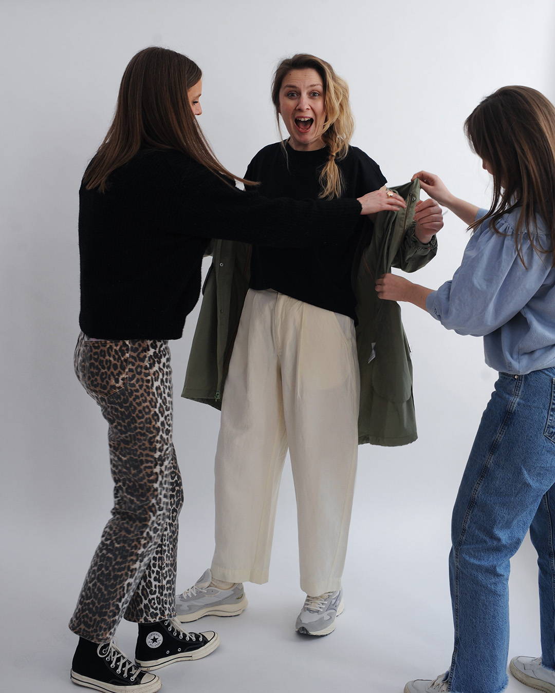 Annie and Lottie styling Finn for the New Basics day to night looks.