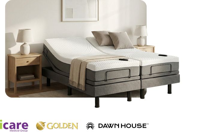 Split king adjustable bed with dual controls and a supportive mattress, styled in a modern bedroom.