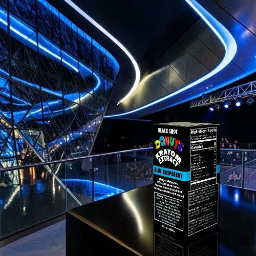A product box displayed in a modern, illuminated venue.