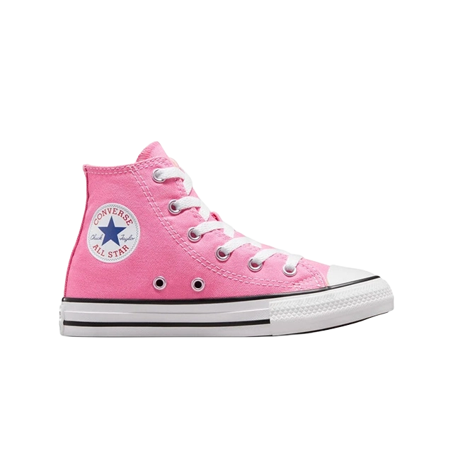 Pink high-top sneakers with white sole and star logo.
